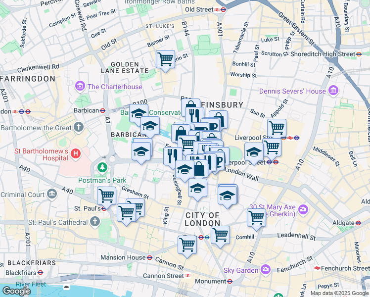 map of restaurants, bars, coffee shops, grocery stores, and more near 1 Fore Street Avenue in Greater London