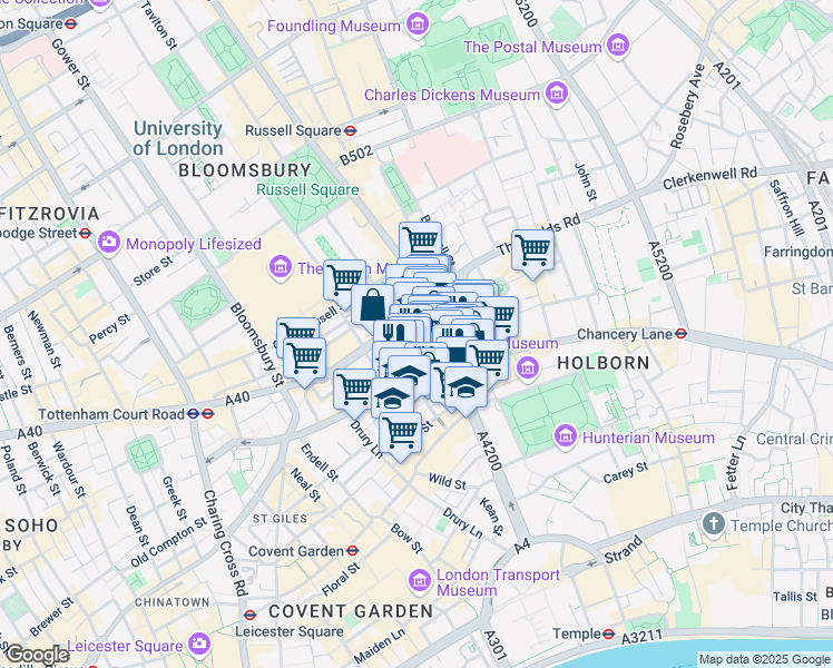 map of restaurants, bars, coffee shops, grocery stores, and more near 3-4 Southampton Place in Greater London