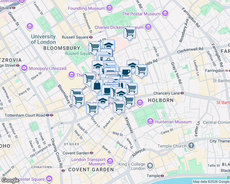 map of restaurants, bars, coffee shops, grocery stores, and more near 23 Southampton Row in Greater London
