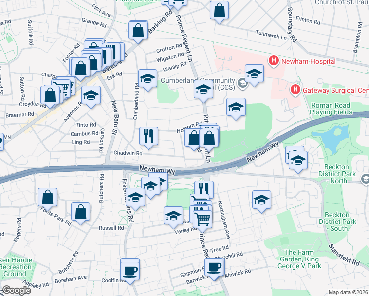 map of restaurants, bars, coffee shops, grocery stores, and more near Egham Road in Greater London