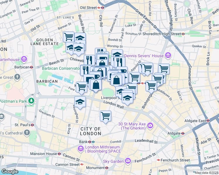 map of restaurants, bars, coffee shops, grocery stores, and more near 15 Finsbury Circus in Greater London