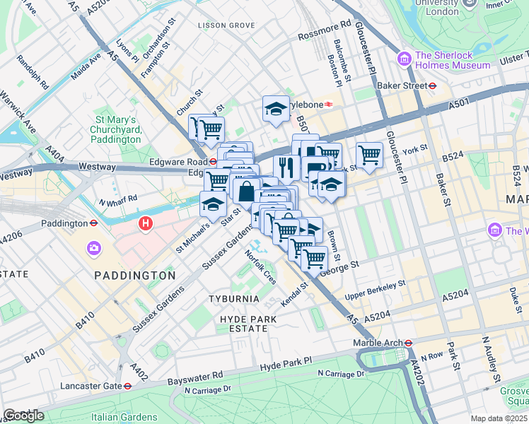 map of restaurants, bars, coffee shops, grocery stores, and more near A501 in London