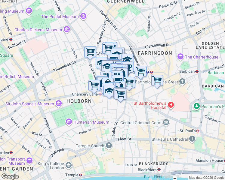 map of restaurants, bars, coffee shops, grocery stores, and more near 138-142 Holborn in Greater London