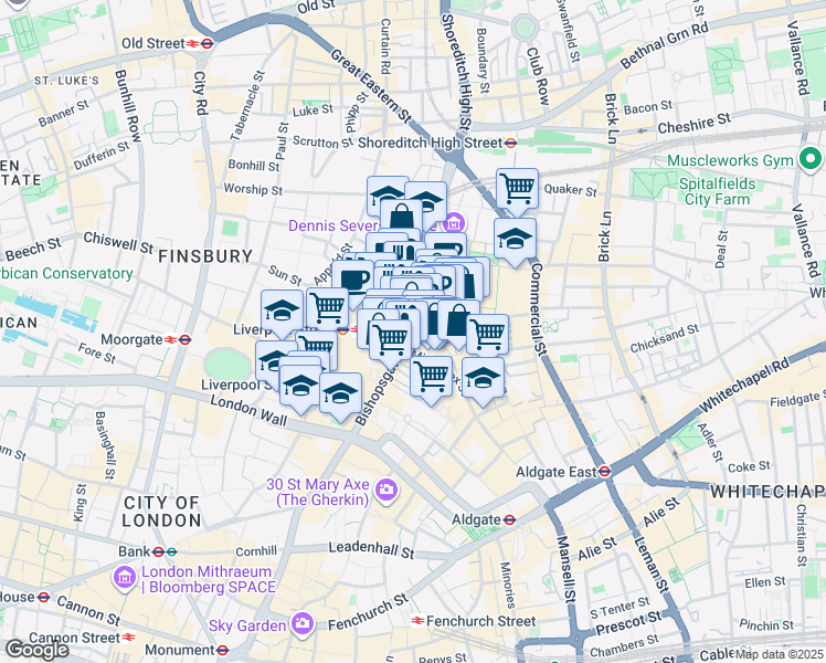 map of restaurants, bars, coffee shops, grocery stores, and more near Bishopsgate in Greater London