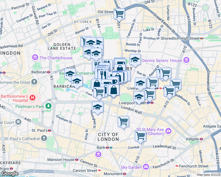 map of restaurants, bars, coffee shops, grocery stores, and more near 45 Moorfields in Greater London