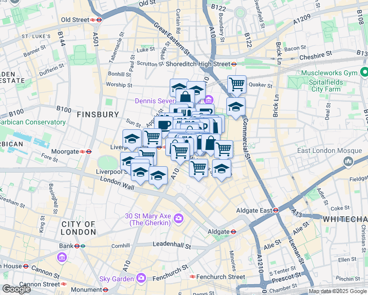 map of restaurants, bars, coffee shops, grocery stores, and more near 155 Bishopsgate in Greater London