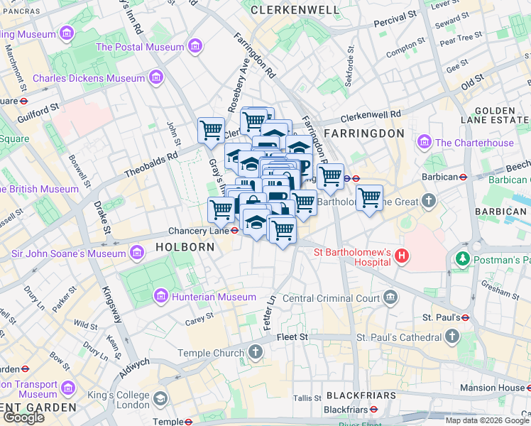 map of restaurants, bars, coffee shops, grocery stores, and more near 138-142 Holborn in Greater London