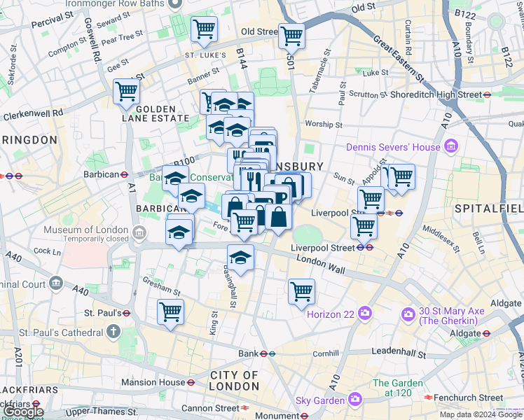 map of restaurants, bars, coffee shops, grocery stores, and more near 45 Moorfields in Greater London