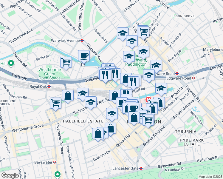 map of restaurants, bars, coffee shops, grocery stores, and more near in London