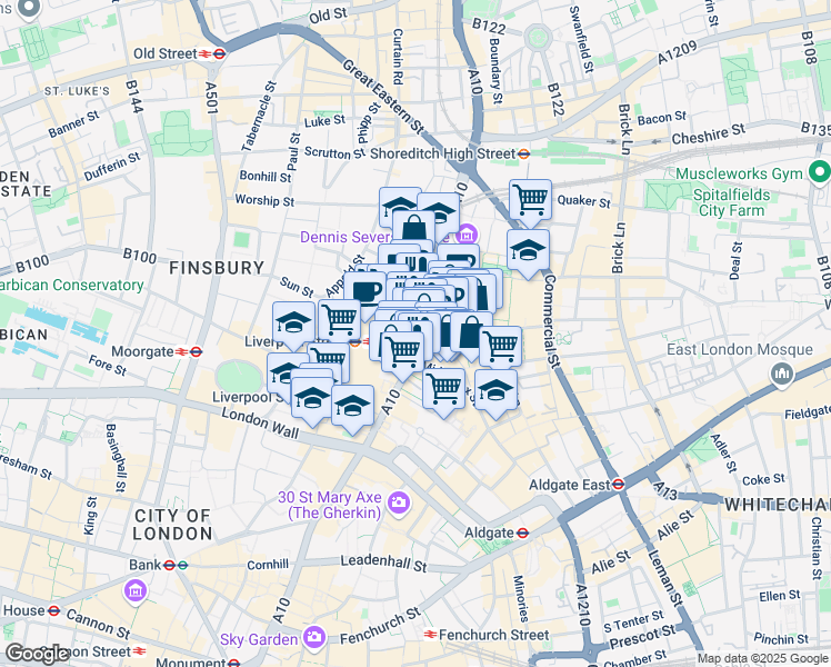 map of restaurants, bars, coffee shops, grocery stores, and more near 155 Bishopsgate in Greater London