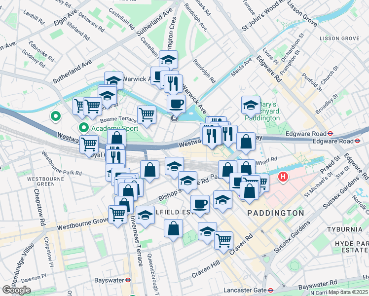 map of restaurants, bars, coffee shops, grocery stores, and more near 4 Kingdom Street in Greater London