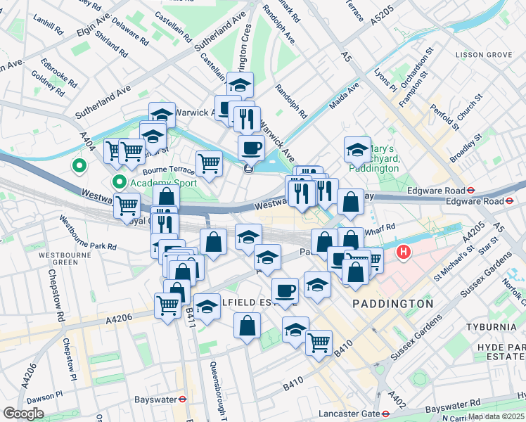 map of restaurants, bars, coffee shops, grocery stores, and more near 4 Kingdom Street in Greater London