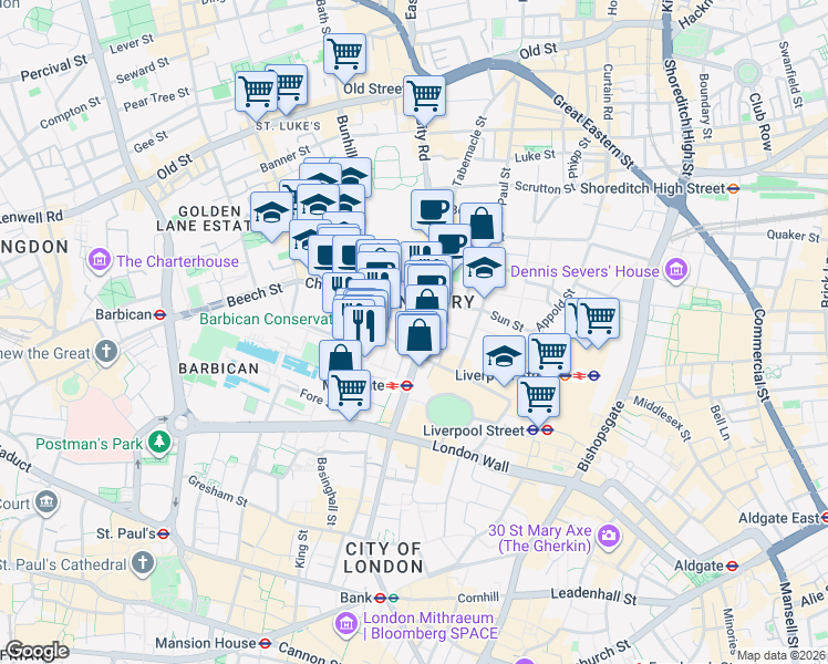 map of restaurants, bars, coffee shops, grocery stores, and more near in Greater London