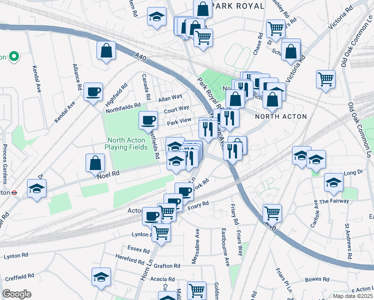 map of restaurants, bars, coffee shops, grocery stores, and more near Balfour Road in Greater London