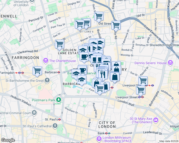 map of restaurants, bars, coffee shops, grocery stores, and more near in Greater London