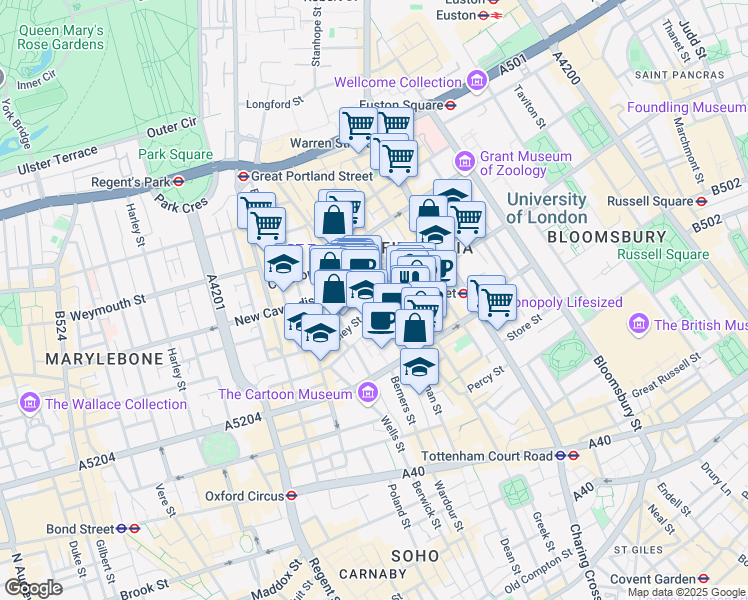 map of restaurants, bars, coffee shops, grocery stores, and more near 44 Cleveland Street in Greater London