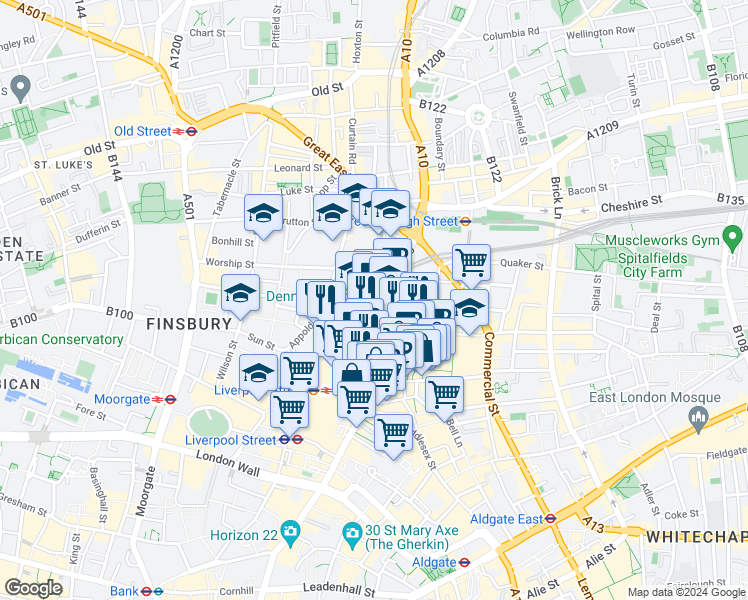 map of restaurants, bars, coffee shops, grocery stores, and more near 201 Bishopsgate in Greater London