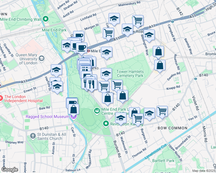 map of restaurants, bars, coffee shops, grocery stores, and more near Ropery Street in Greater London