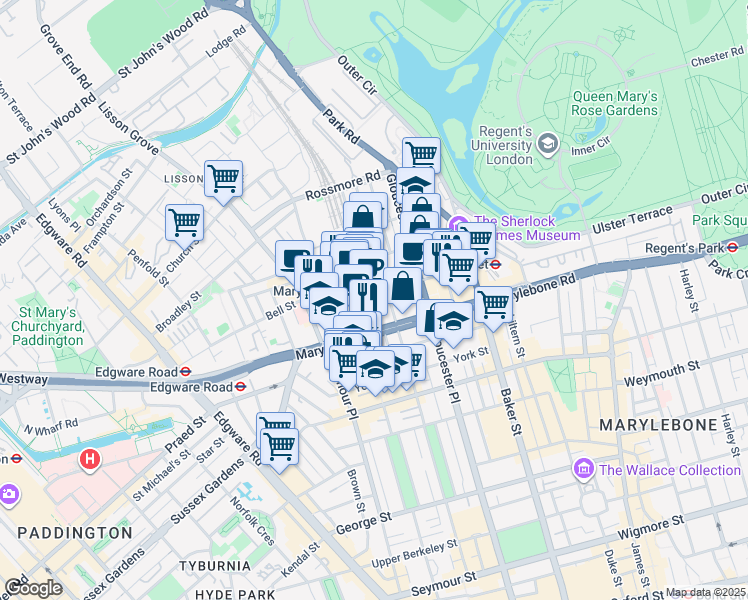map of restaurants, bars, coffee shops, grocery stores, and more near in Greater London