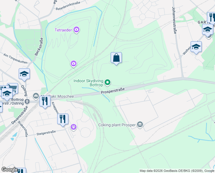 map of restaurants, bars, coffee shops, grocery stores, and more near 297 Prosperstraße in Bottrop