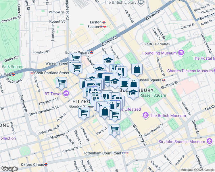 map of restaurants, bars, coffee shops, grocery stores, and more near Gower Street in Greater London