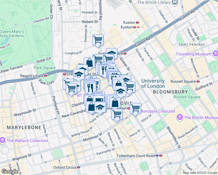 map of restaurants, bars, coffee shops, grocery stores, and more near 90 Whitfield Street in Greater London