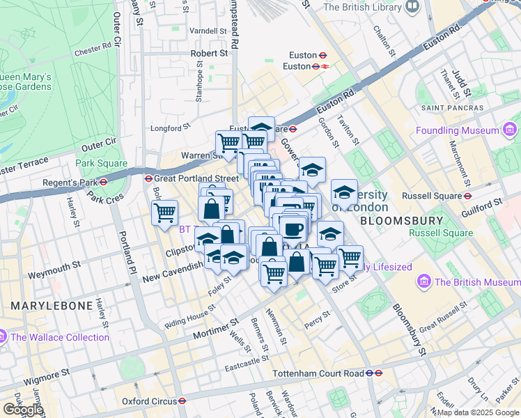 map of restaurants, bars, coffee shops, grocery stores, and more near 90 Whitfield Street in Greater London