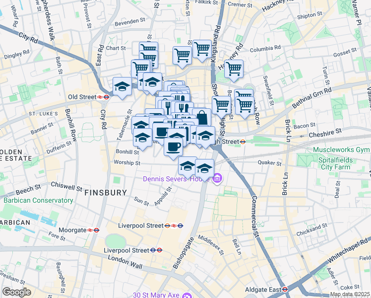 map of restaurants, bars, coffee shops, grocery stores, and more near 28 Curtain Road in Greater London