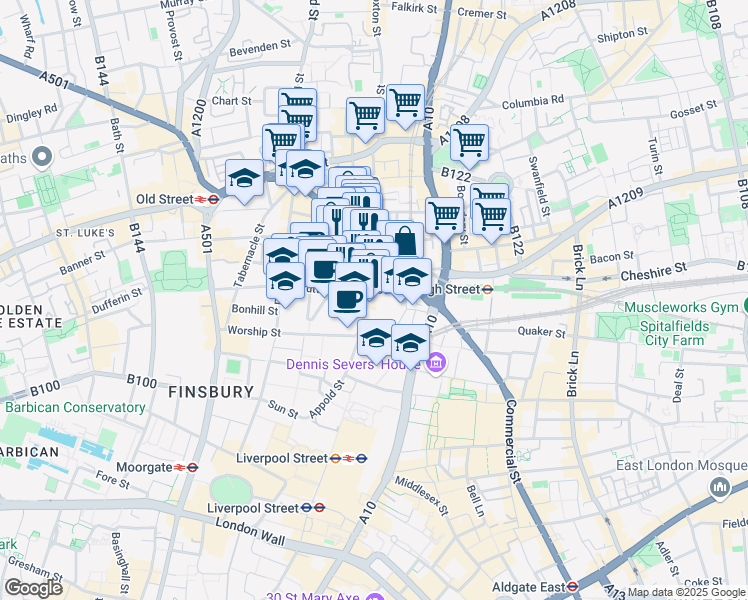 map of restaurants, bars, coffee shops, grocery stores, and more near 28 Curtain Road in Greater London