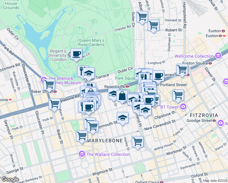 map of restaurants, bars, coffee shops, grocery stores, and more near 152 Harley Street in Greater London