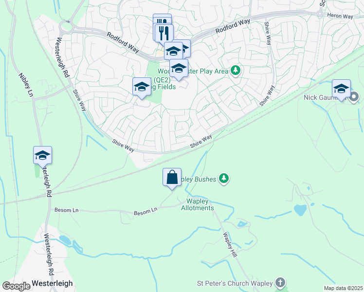 map of restaurants, bars, coffee shops, grocery stores, and more near Kingscote in Yate