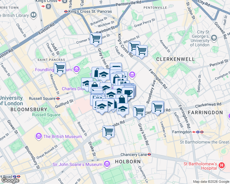 map of restaurants, bars, coffee shops, grocery stores, and more near 48 Doughty Street in Greater London