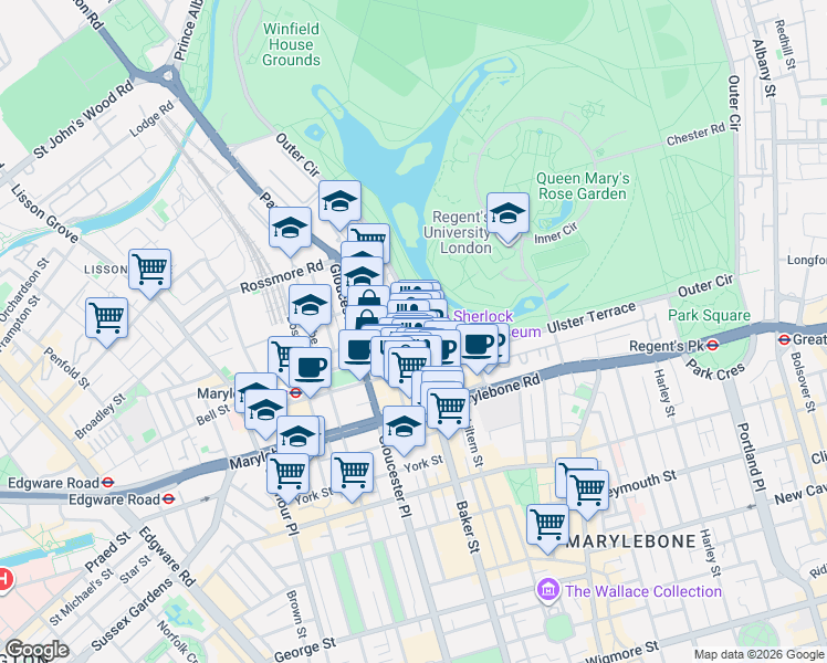 map of restaurants, bars, coffee shops, grocery stores, and more near 346 Baker Street in Greater London