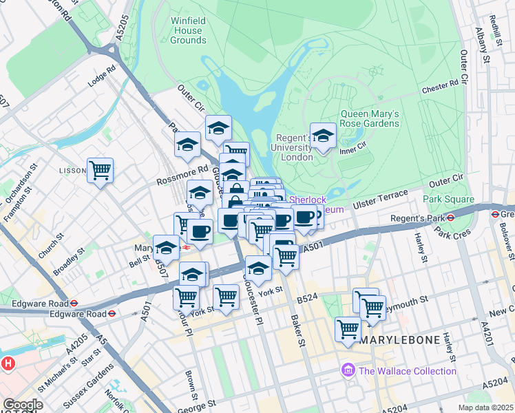 map of restaurants, bars, coffee shops, grocery stores, and more near in Greater London
