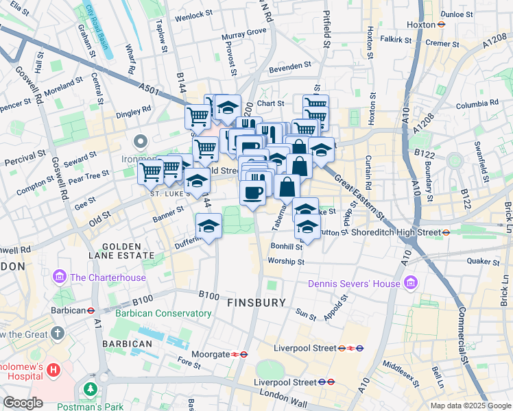 map of restaurants, bars, coffee shops, grocery stores, and more near 58 City Road in Greater London
