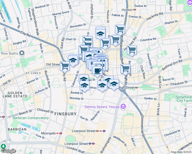 map of restaurants, bars, coffee shops, grocery stores, and more near 1 Mark Square in Greater London
