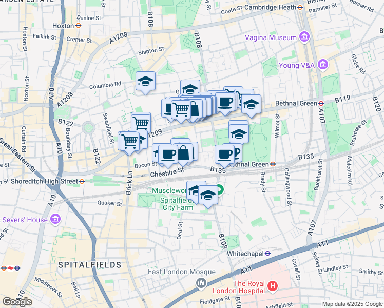 map of restaurants, bars, coffee shops, grocery stores, and more near Hereford Street in Greater London