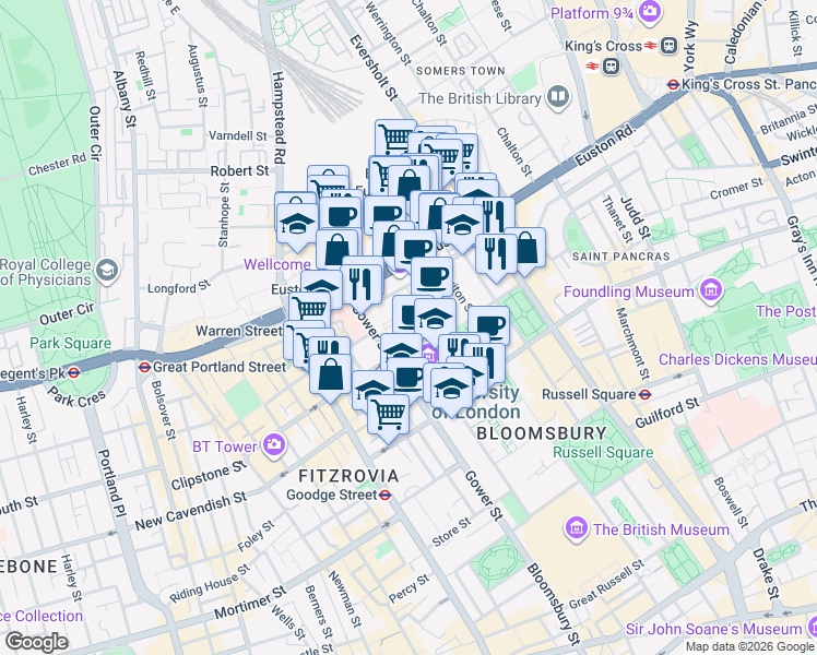 map of restaurants, bars, coffee shops, grocery stores, and more near Gower Street in London