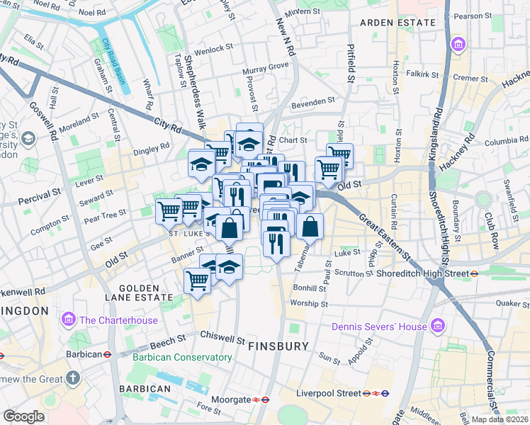 map of restaurants, bars, coffee shops, grocery stores, and more near Old Street in Greater London