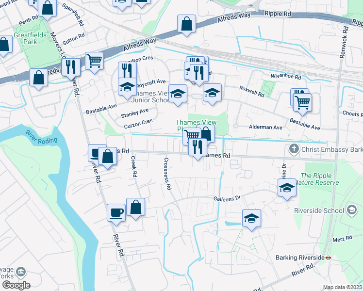 map of restaurants, bars, coffee shops, grocery stores, and more near 23 Thames Road in Greater London
