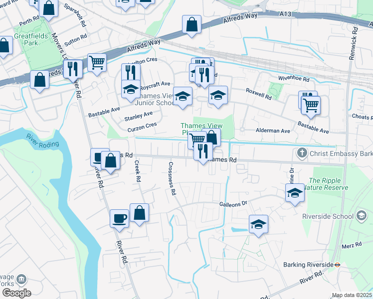 map of restaurants, bars, coffee shops, grocery stores, and more near 23 Thames Road in Greater London