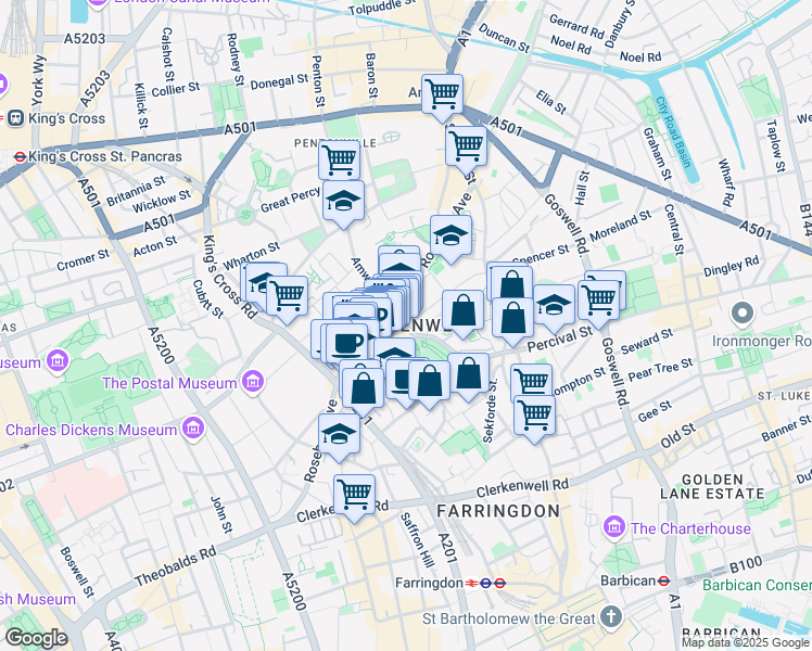 map of restaurants, bars, coffee shops, grocery stores, and more near in Greater London