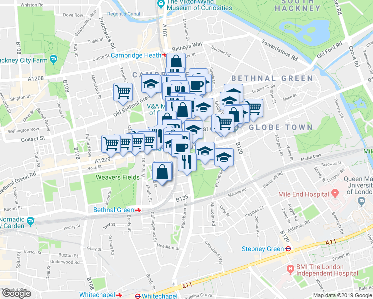 map of restaurants, bars, coffee shops, grocery stores, and more near Cambridge Heath Road in London
