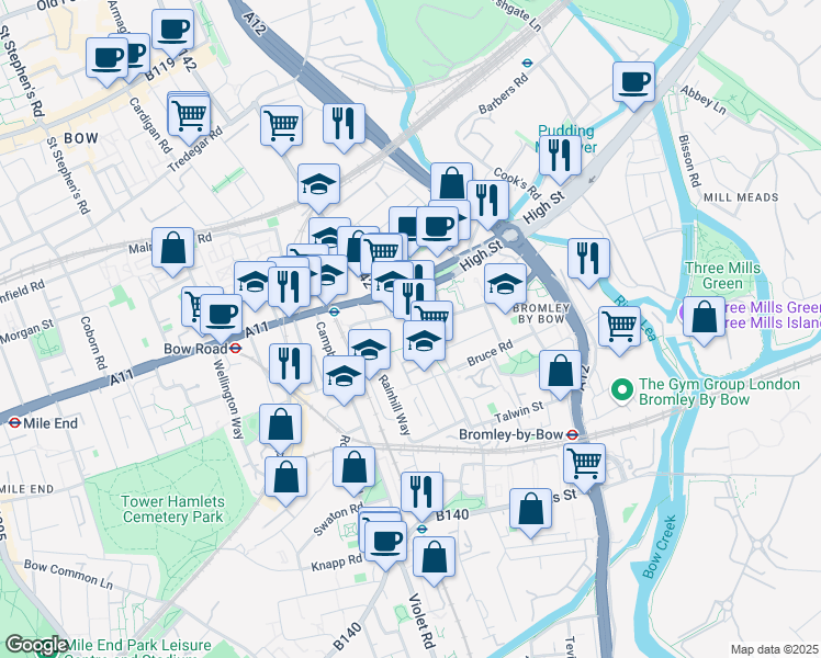 map of restaurants, bars, coffee shops, grocery stores, and more near Stroudley Walk in Greater London