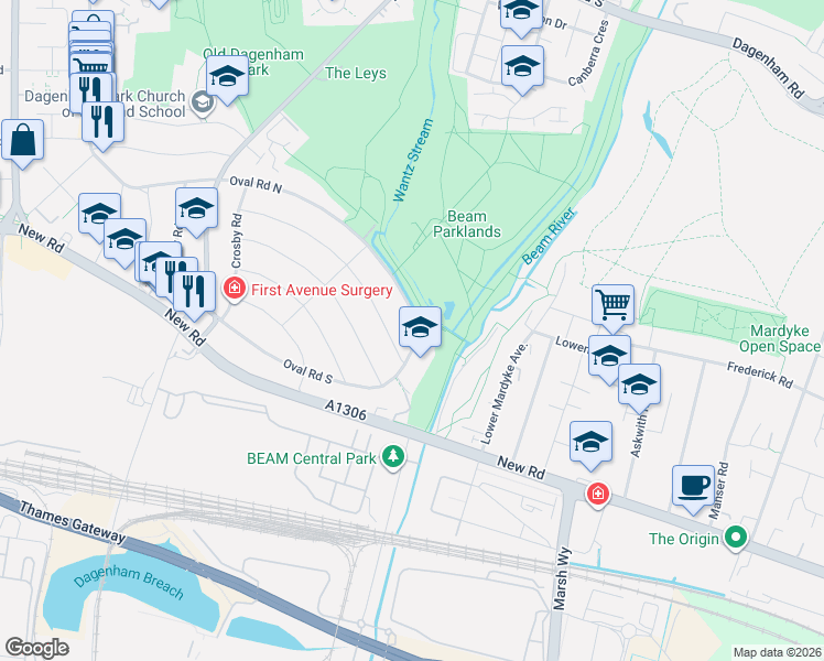 map of restaurants, bars, coffee shops, grocery stores, and more near 238 Oval Road North in Greater London