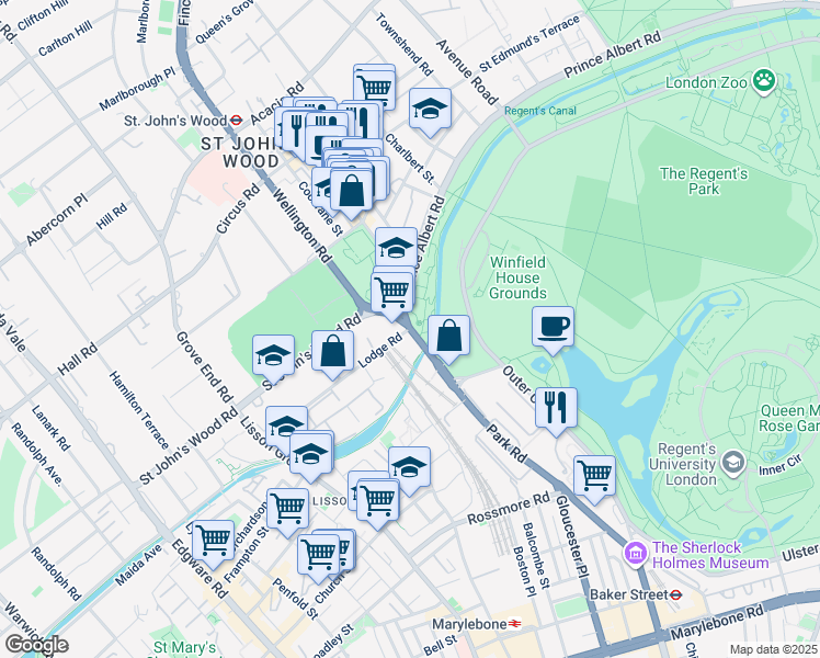 map of restaurants, bars, coffee shops, grocery stores, and more near Park Road in Greater London