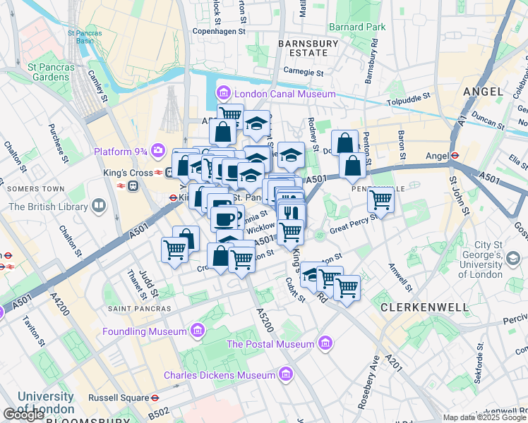 map of restaurants, bars, coffee shops, grocery stores, and more near 4 Britannia Street in Greater London