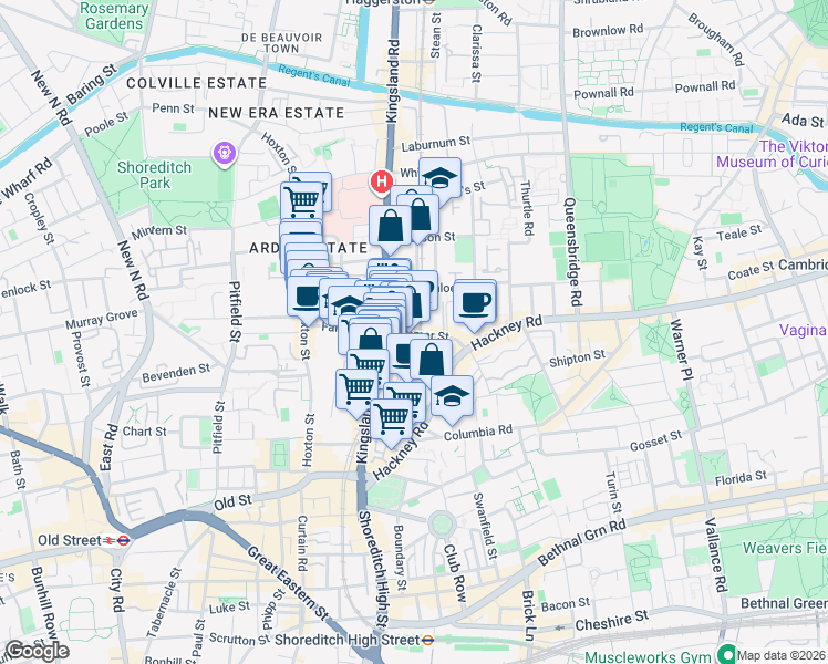 map of restaurants, bars, coffee shops, grocery stores, and more near 134D Kingsland Road in Greater London
