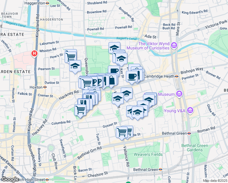 map of restaurants, bars, coffee shops, grocery stores, and more near 4 Warner Place in Greater London