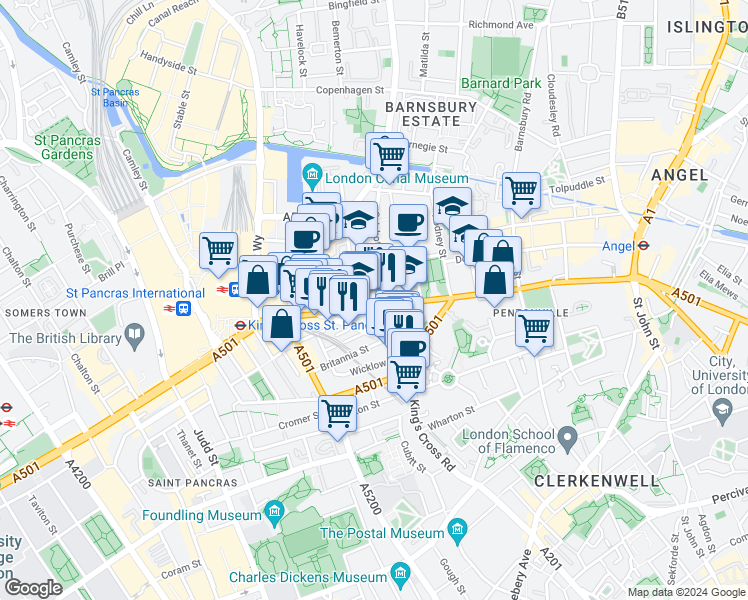 map of restaurants, bars, coffee shops, grocery stores, and more near 200 Pentonville Road in Greater London